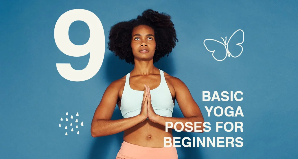 banner for guide to 9 basic yoga poses for beginners